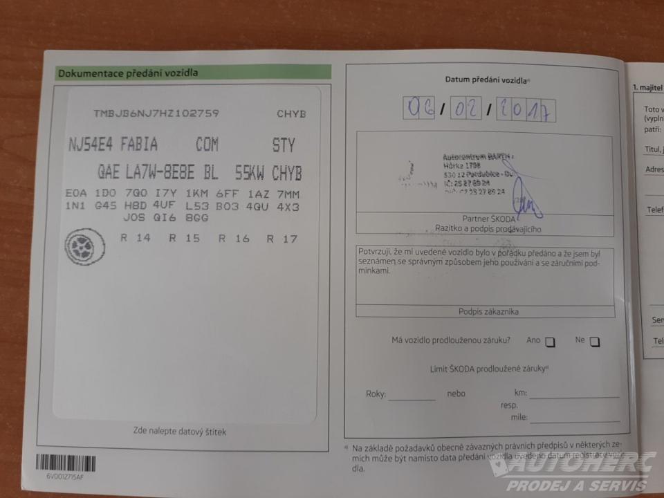 Škoda Fabia KOMBI 1.0 MPi ČR