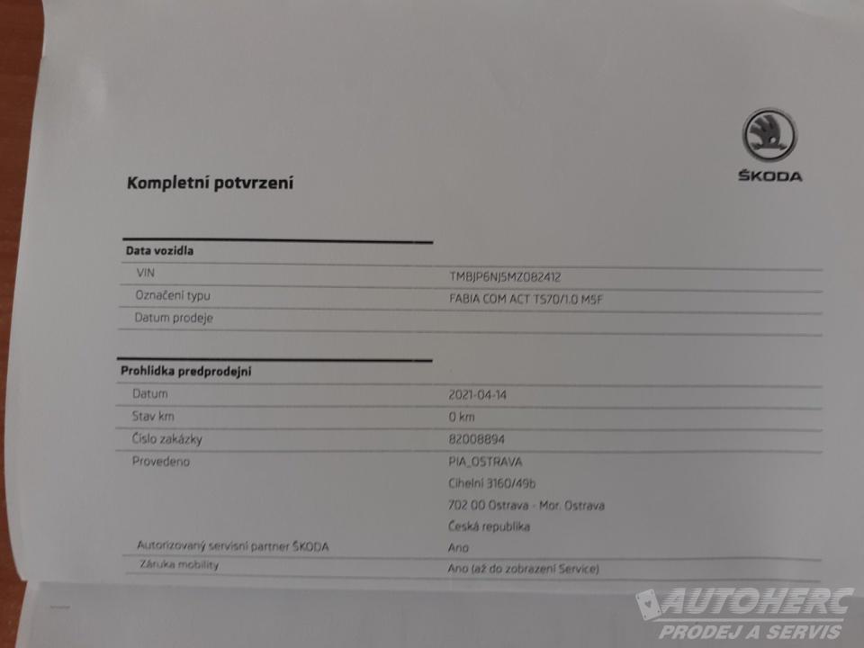 Škoda Fabia KOMBI 1.0 TSi ČR