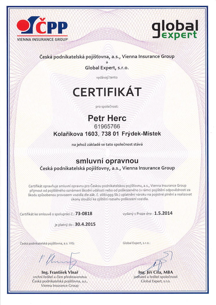 Certifikát pojišťovny ČPP a Global Expert